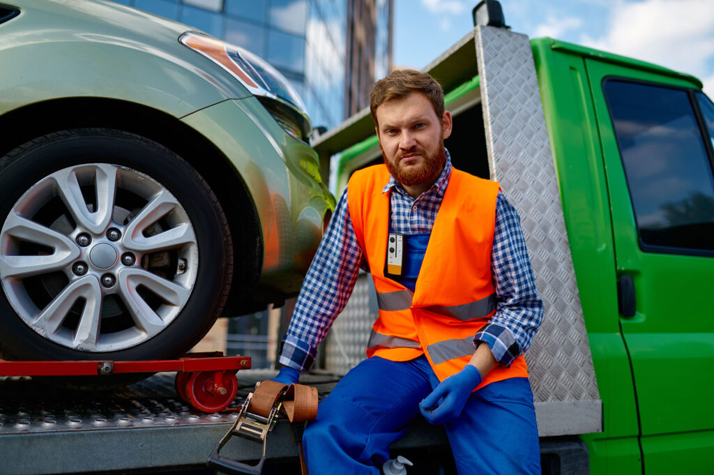 Portrait of serious male tow truck operator.